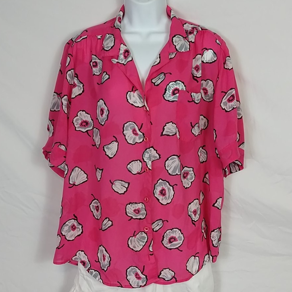 Vintage Womens Pink Gray Floral Blouse Size XL